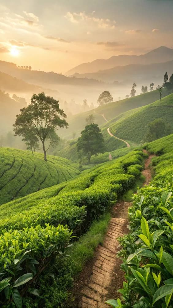 Aerial view of a lush green tea plantation with a winding path