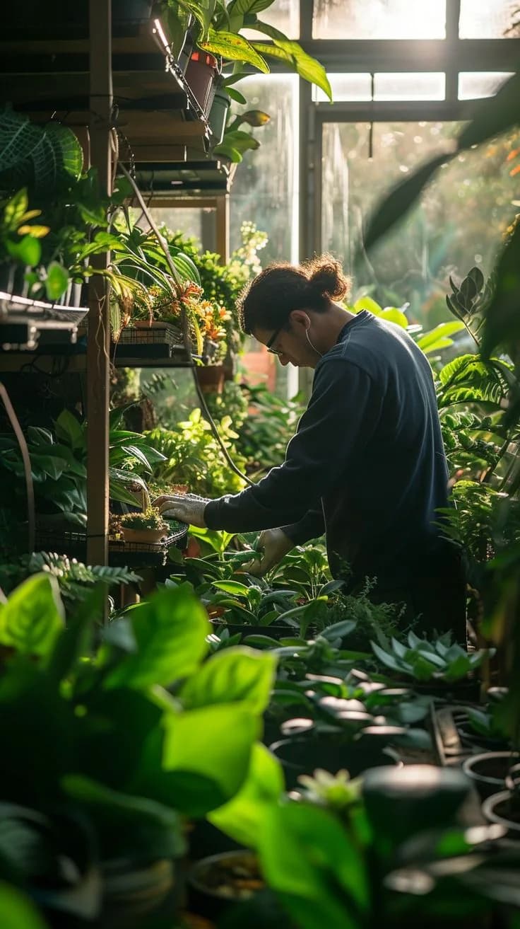 Grower tending plants in an indoor vertical farm